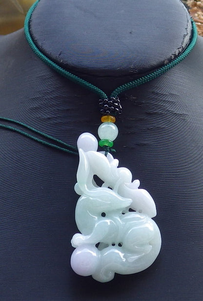 Certified Hand Carved Natural Myanmar Burma Grade A Jade Jadeite Fox Peach Lotus Flower Ruyi Pendant Necklace