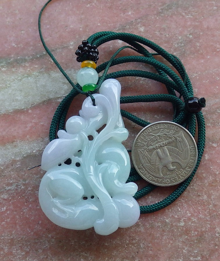 Certified Hand Carved Natural Myanmar Burma Grade A Jade Jadeite Fox Peach Lotus Flower Ruyi Pendant Necklace