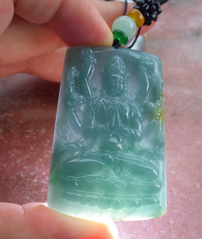 Certified Hand Carved Natural Myanmar Burma Green A Jade jadeite Thousand Hand Guanyin Kwan Yin God Pendant Necklace