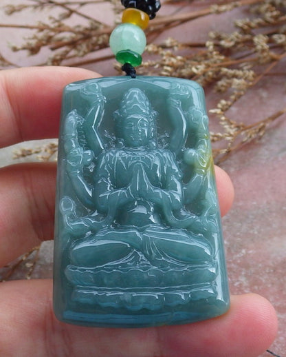 Certified Hand Carved Natural Myanmar Burma Green A Jade jadeite Thousand Hand Guanyin Kwan Yin God Pendant Necklace