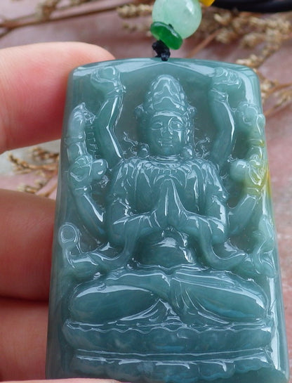 Certified Hand Carved Natural Myanmar Burma Green A Jade jadeite Thousand Hand Guanyin Kwan Yin God Pendant Necklace