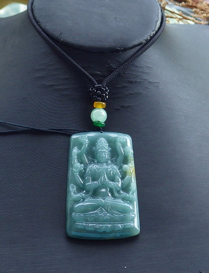 Certified Hand Carved Natural Myanmar Burma Green A Jade jadeite Thousand Hand Guanyin Kwan Yin God Pendant Necklace