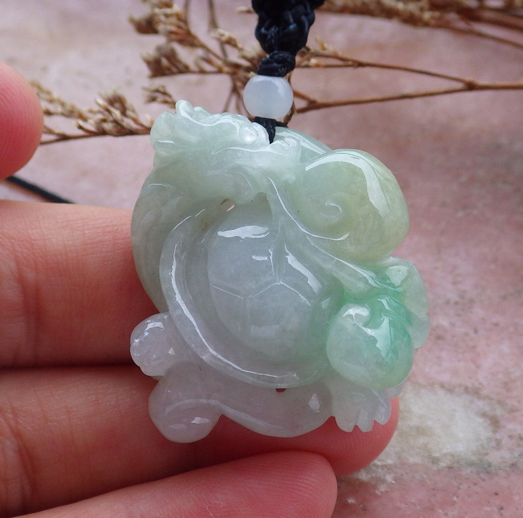 Certified Hand Carved Natural Myanmar Burma Grade A Jade jadeite Dragon Turtle Pendant Necklace