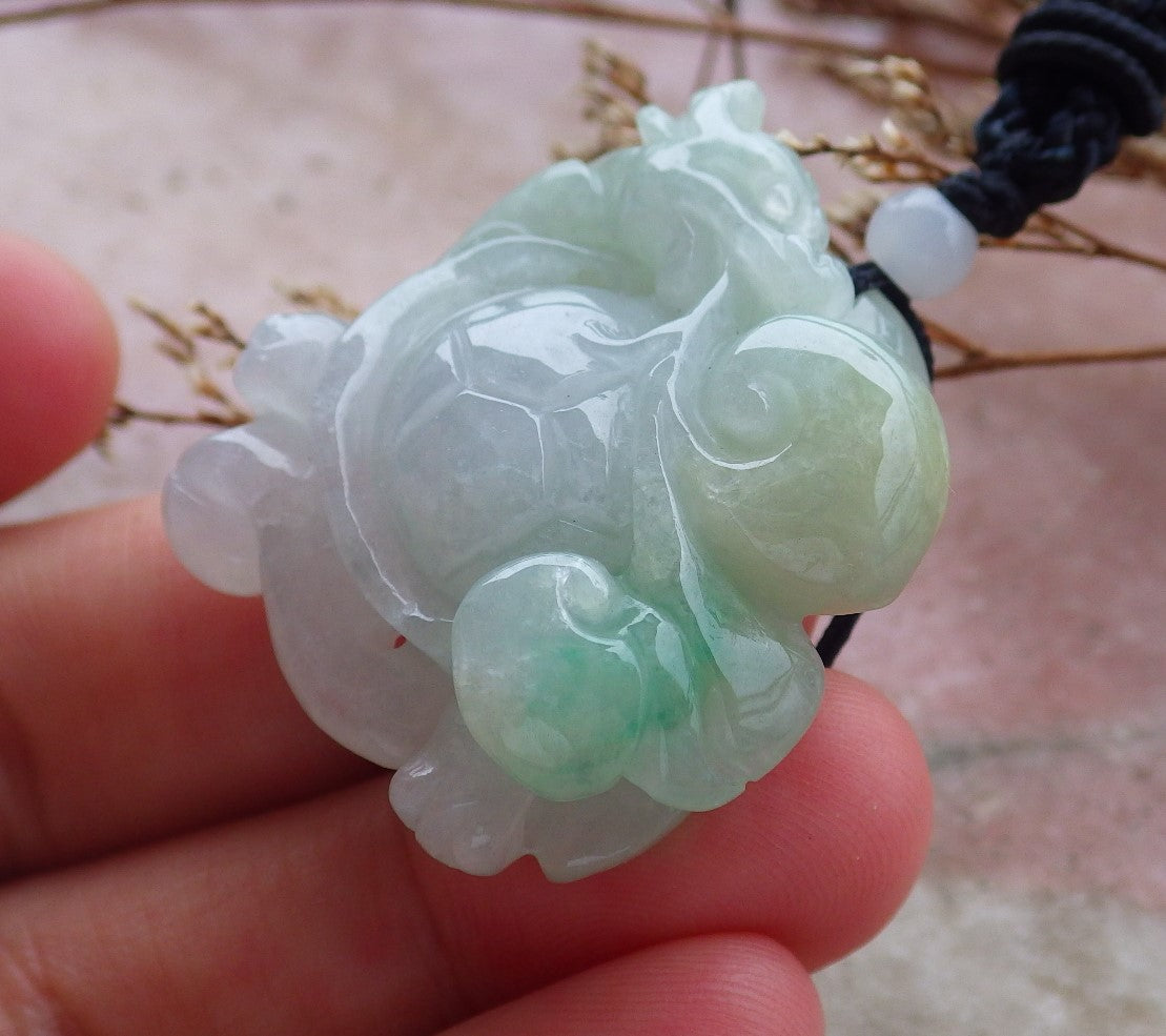 Certified Hand Carved Natural Myanmar Burma Grade A Jade jadeite Dragon Turtle Pendant Necklace