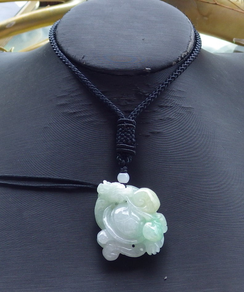 Certified Hand Carved Natural Myanmar Burma Grade A Jade jadeite Dragon Turtle Pendant Necklace