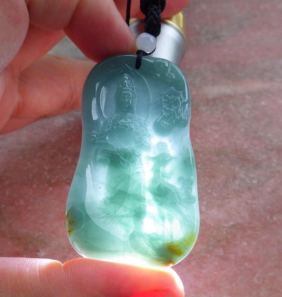 Certified Hand Carved Blue Water Green Myanmar Burma Natural A Jade jadeite Guanyin Kwan Yin Pendant Necklace