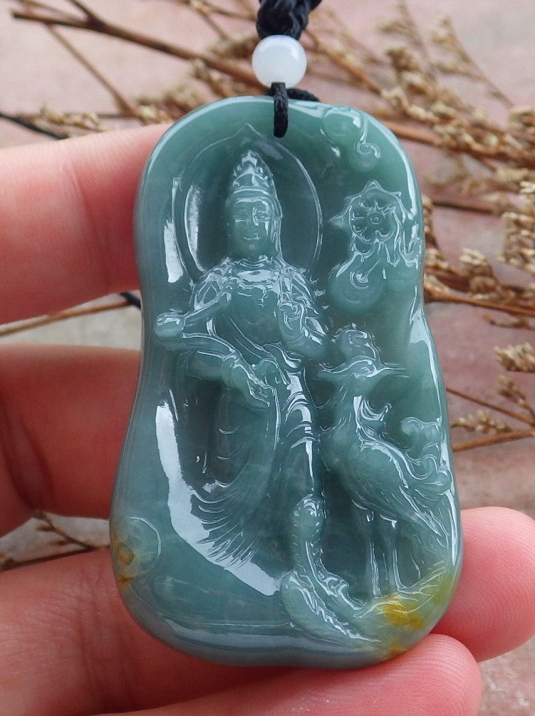 Certified Hand Carved Blue Water Green Myanmar Burma Natural A Jade jadeite Guanyin Kwan Yin Pendant Necklace