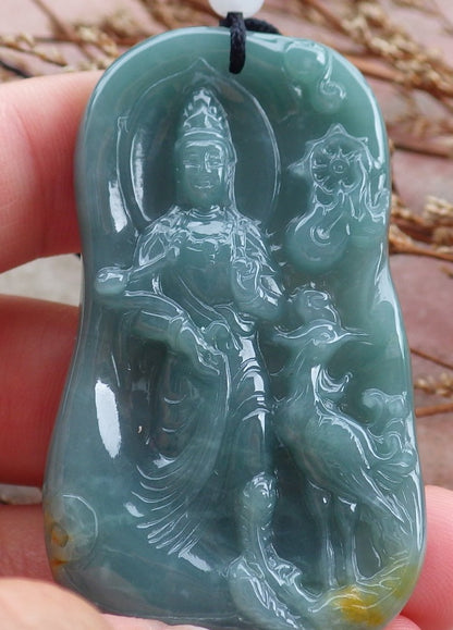 Certified Hand Carved Blue Water Green Myanmar Burma Natural A Jade jadeite Guanyin Kwan Yin Pendant Necklace