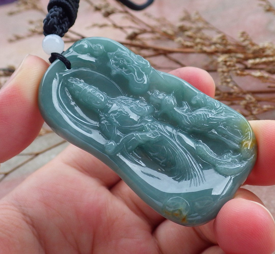 Certified Hand Carved Blue Water Green Myanmar Burma Natural A Jade jadeite Guanyin Kwan Yin Pendant Necklace