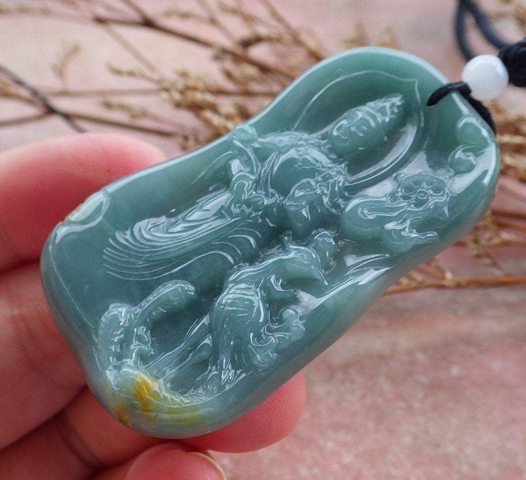 Certified Hand Carved Blue Water Green Myanmar Burma Natural A Jade jadeite Guanyin Kwan Yin Pendant Necklace