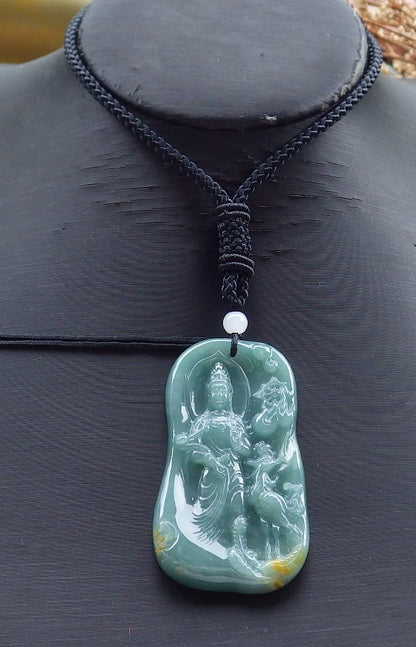 Certified Hand Carved Blue Water Green Myanmar Burma Natural A Jade jadeite Guanyin Kwan Yin Pendant Necklace