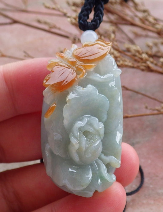Certified Hand Carved Natural Myanmar Burma A Jade jadeite Butterfly Lotus Flower Pendant Necklace