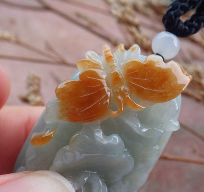 Certified Hand Carved Natural Myanmar Burma A Jade jadeite Butterfly Lotus Flower Pendant Necklace