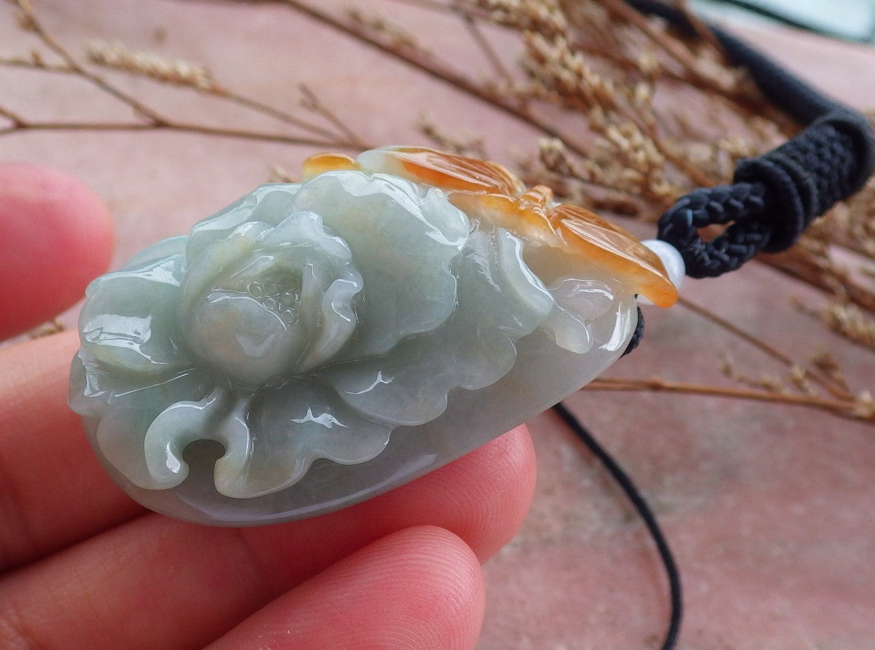 Certified Hand Carved Natural Myanmar Burma A Jade jadeite Butterfly Lotus Flower Pendant Necklace