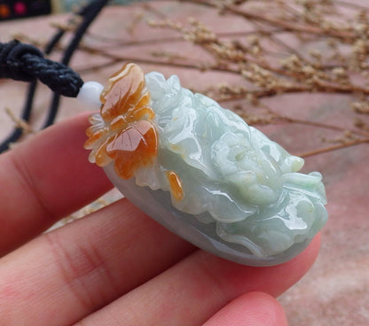 Certified Hand Carved Natural Myanmar Burma A Jade jadeite Butterfly Lotus Flower Pendant Necklace