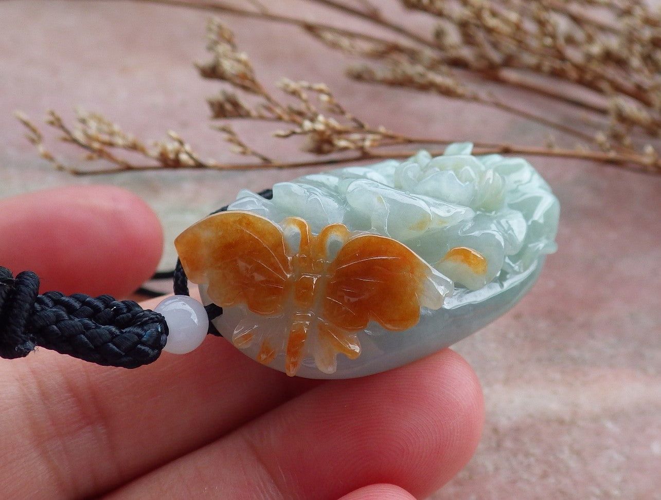 Certified Hand Carved Natural Myanmar Burma A Jade jadeite Butterfly Lotus Flower Pendant Necklace