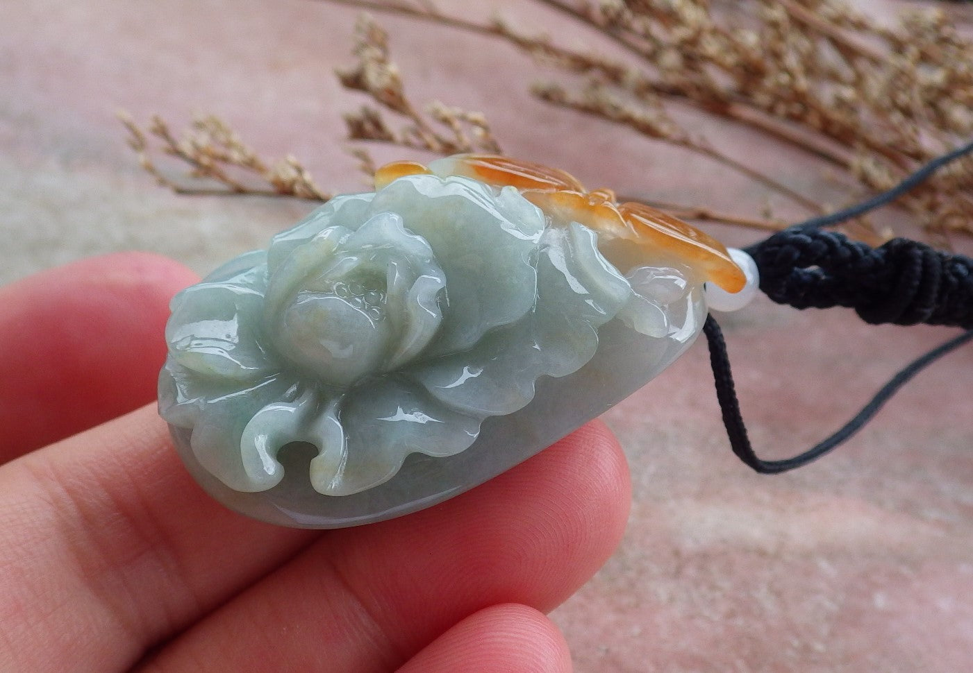 Certified Hand Carved Natural Myanmar Burma A Jade jadeite Butterfly Lotus Flower Pendant Necklace