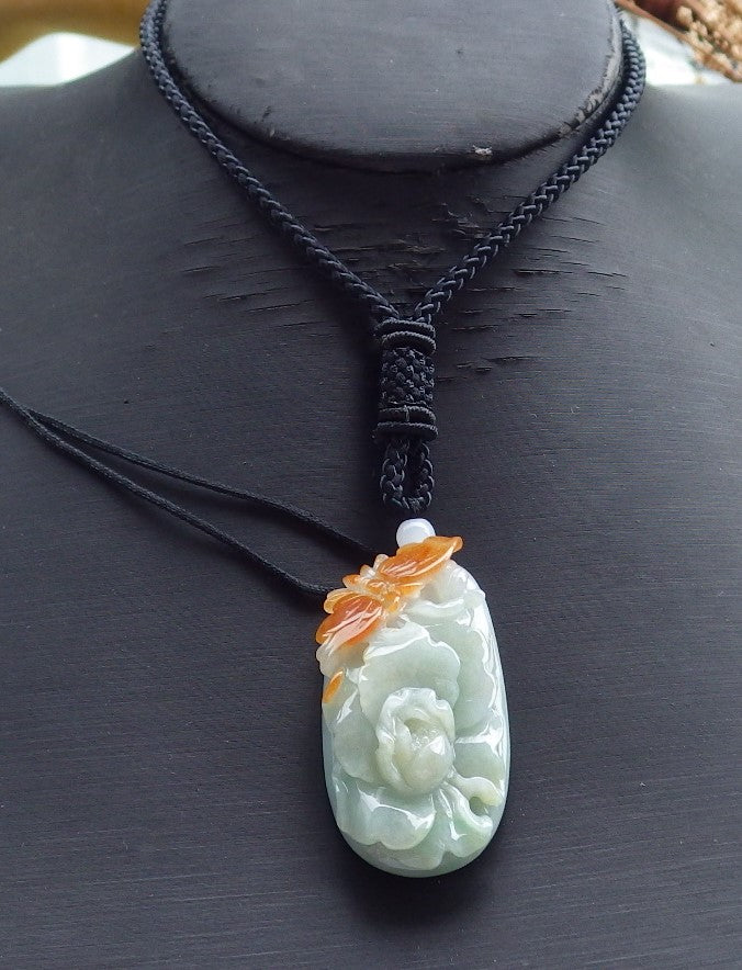 Certified Hand Carved Natural Myanmar Burma A Jade jadeite Butterfly Lotus Flower Pendant Necklace