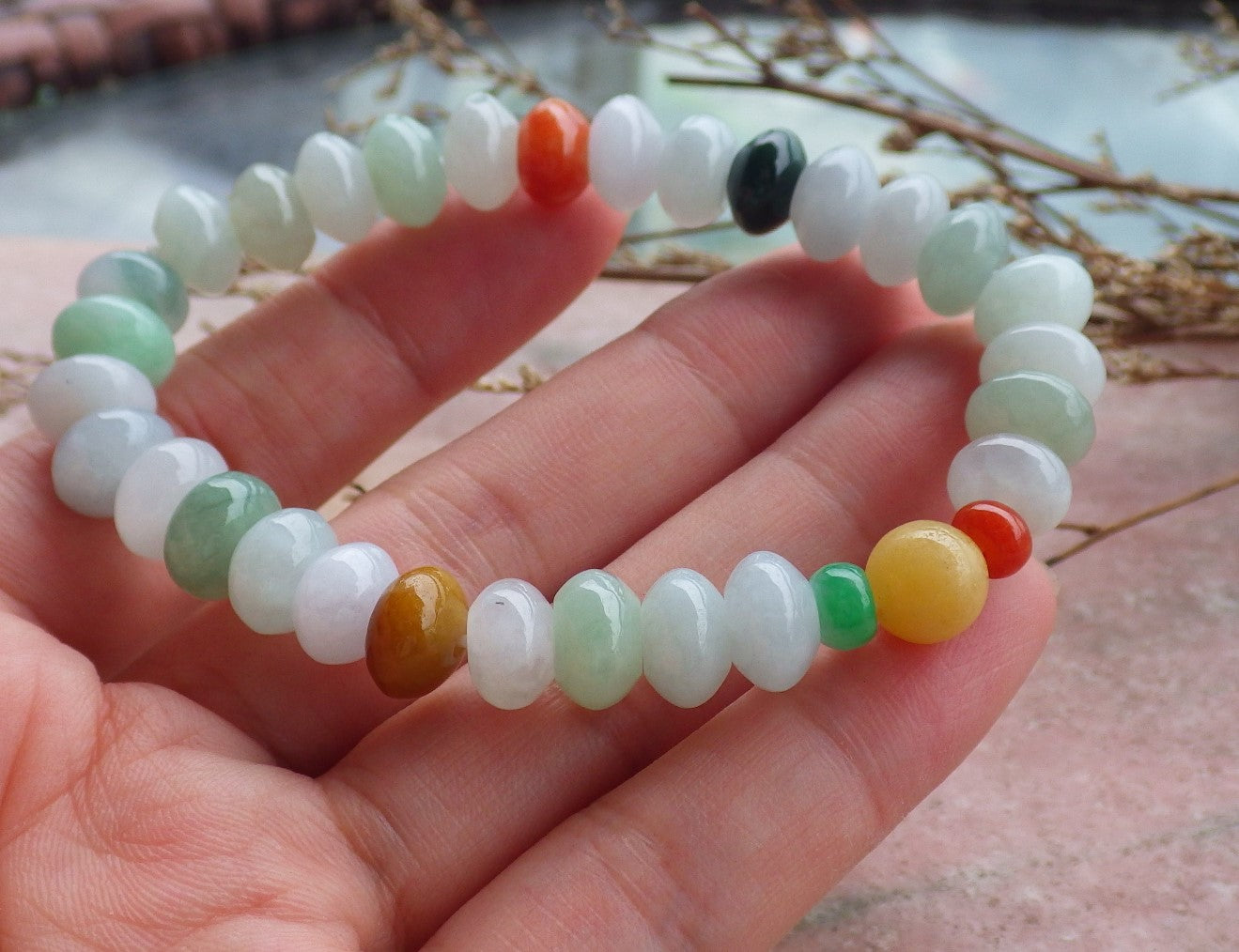 Certified Hand Carved Red Yellow Green Natural Myanmar Burma A Jade Jadeite Bead Beads Bracelet