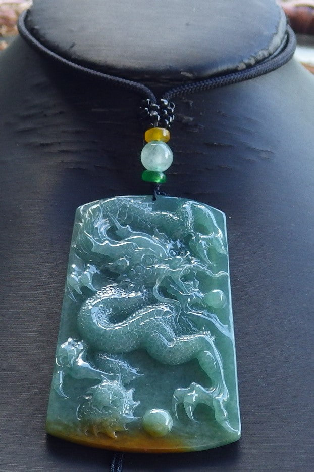 Certified Hand Carved Green Natural Myanmar Burma A Jade jadeite Dragon Bead Pendant Necklace