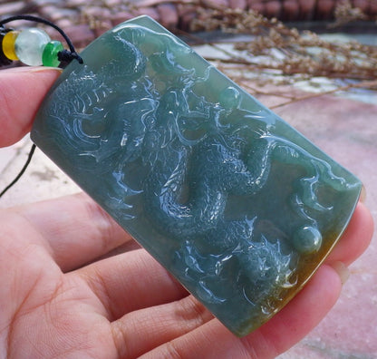 Certified Hand Carved Green Natural Myanmar Burma A Jade jadeite Dragon Bead Pendant Necklace