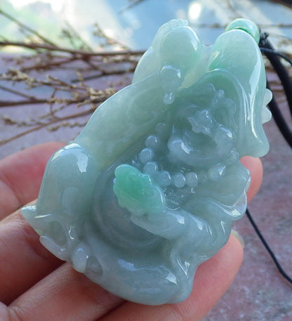 Certified Hand Carved Green Natural Myanmar Burma Grade A Jade jadeite Ji Kung Buddha God Pendant Necklace