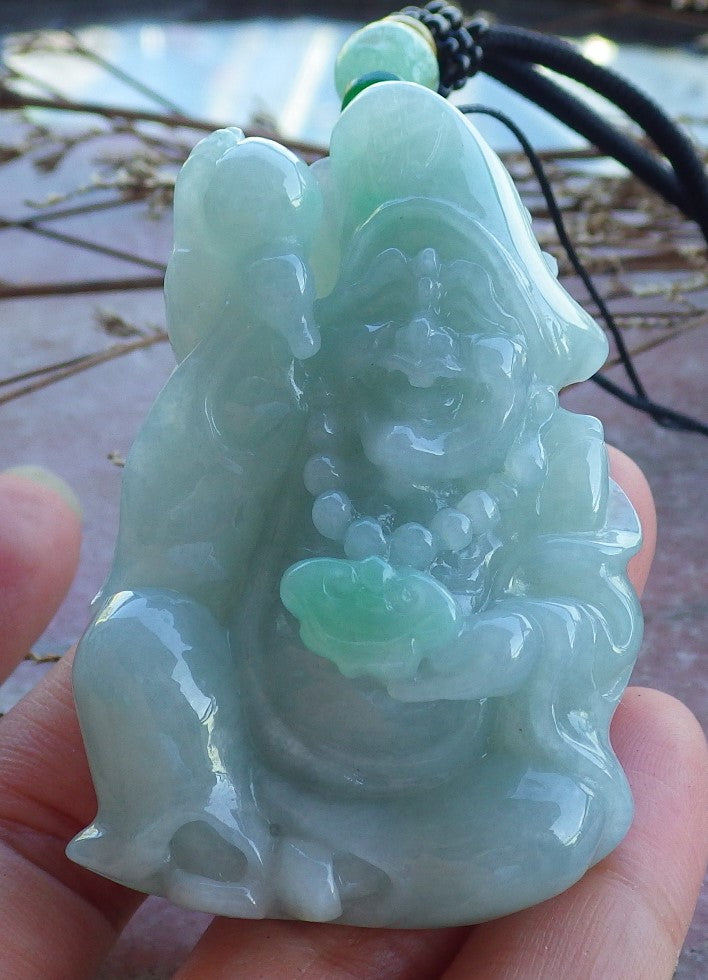 Certified Hand Carved Green Natural Myanmar Burma Grade A Jade jadeite Ji Kung Buddha God Pendant Necklace