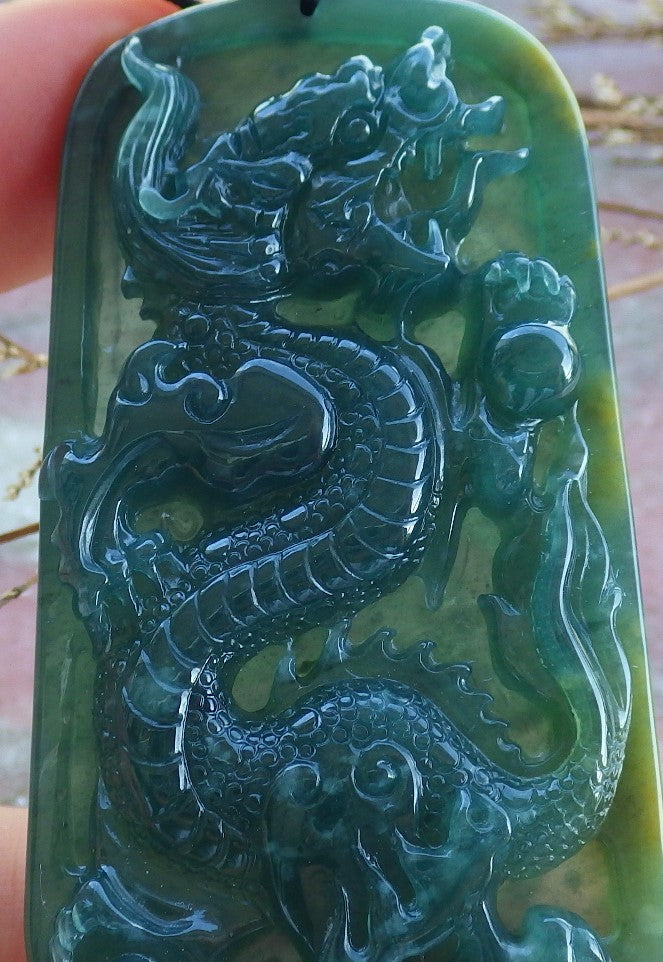 Certified Hand Carved Green Natural Myanmar Burma A Jade jadeite Dragon Bead Pendant Necklace
