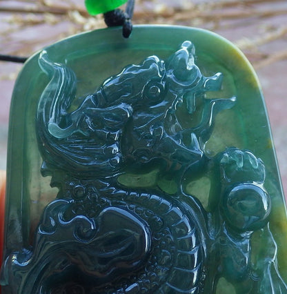 Certified Hand Carved Green Natural Myanmar Burma A Jade jadeite Dragon Bead Pendant Necklace