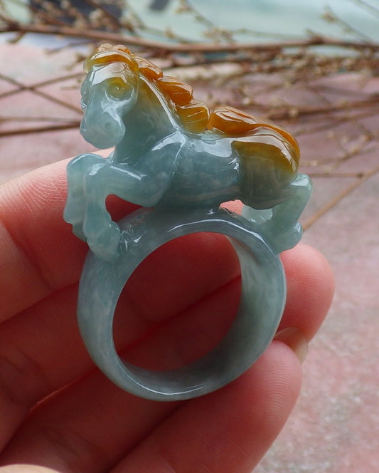 Certified Hand Carved Green Yellow Natural Myanmar Burma A JADE Jadeite Horse Ring US 11.25