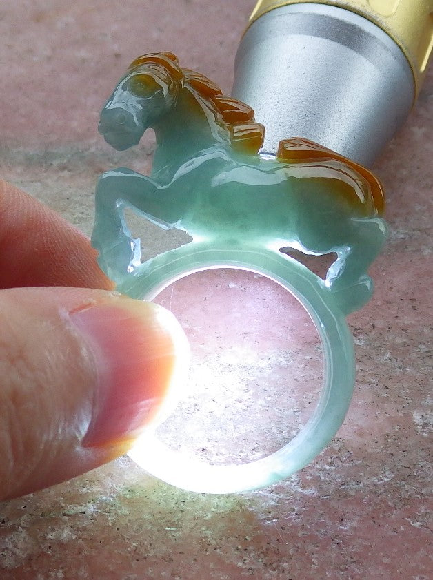 Certified Hand Carved Green Yellow Natural Myanmar Burma A JADE Jadeite Horse Ring US 11.25