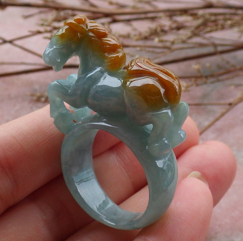 Certified Hand Carved Green Yellow Natural Myanmar Burma A JADE Jadeite Horse Ring US 11.25