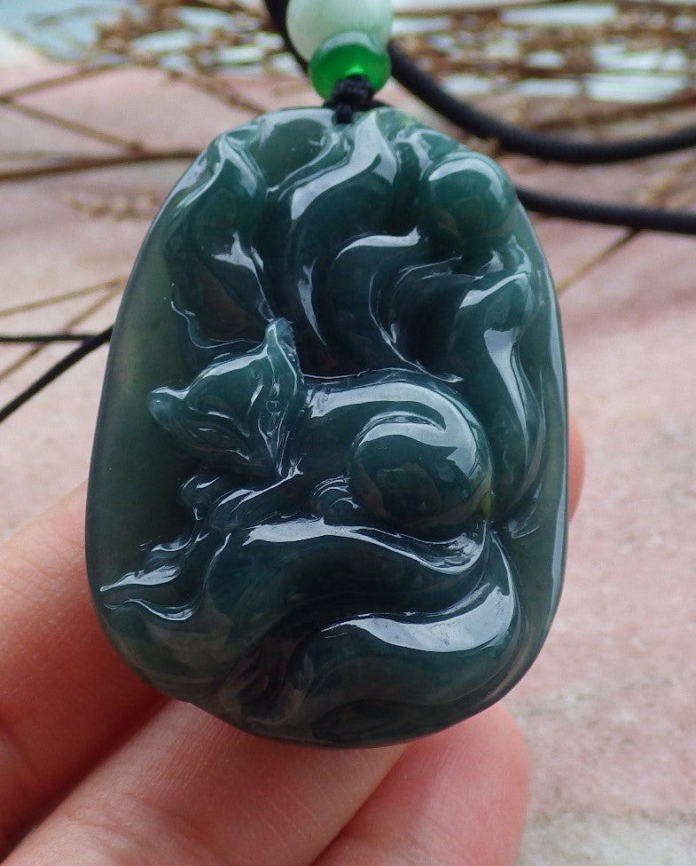 Certified Hand Carved Natural Guatemala Grade A Jade Jadeite 9 tail Fox Lotus Ruyi Pendant Necklace