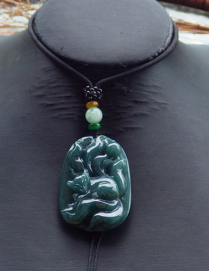 Certified Hand Carved Natural Guatemala Grade A Jade Jadeite 9 tail Fox Lotus Ruyi Pendant Necklace