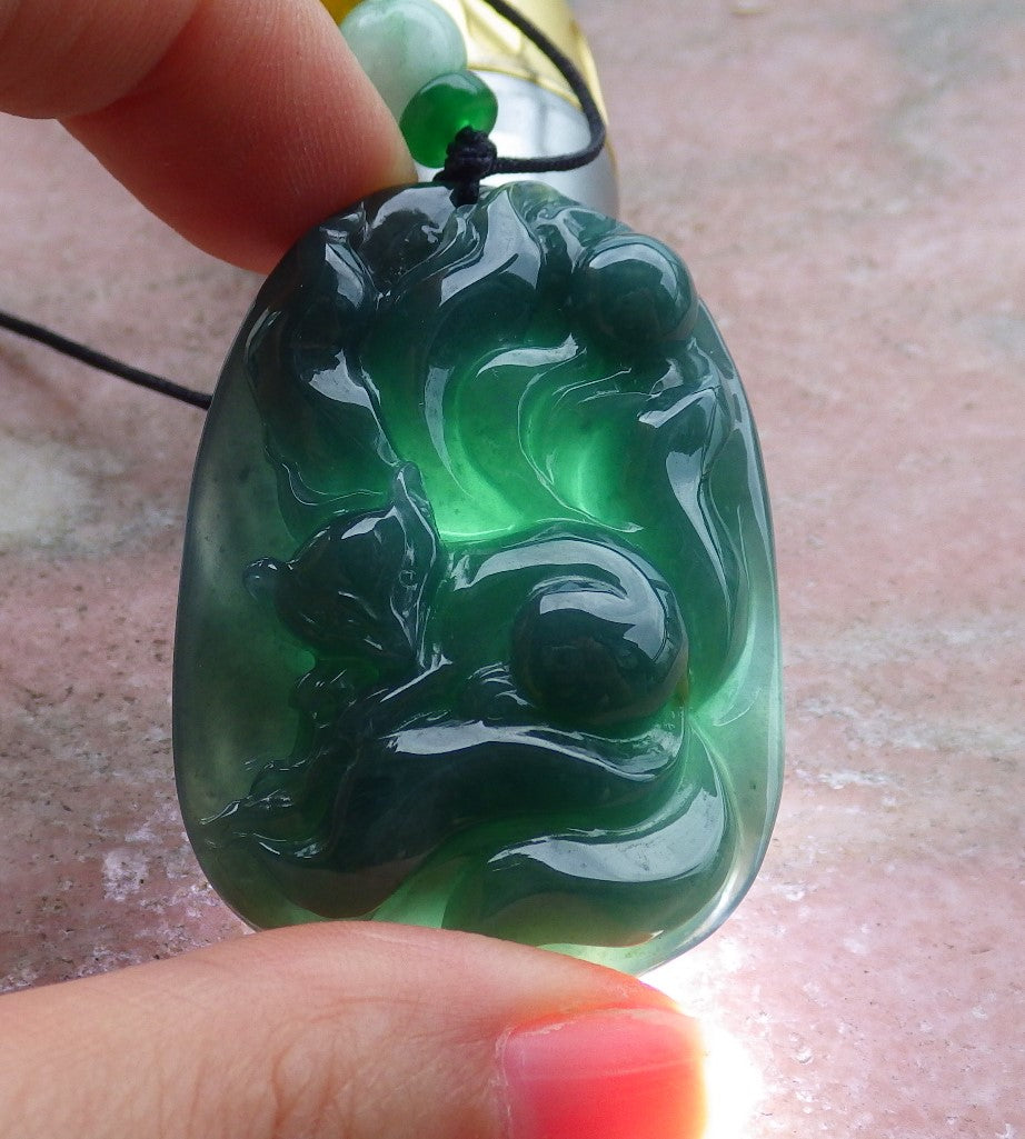 Certified Hand Carved Natural Guatemala Grade A Jade Jadeite 9 tail Fox Lotus Ruyi Pendant Necklace