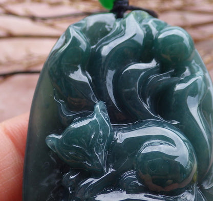 Certified Hand Carved Natural Guatemala Grade A Jade Jadeite 9 tail Fox Lotus Ruyi Pendant Necklace