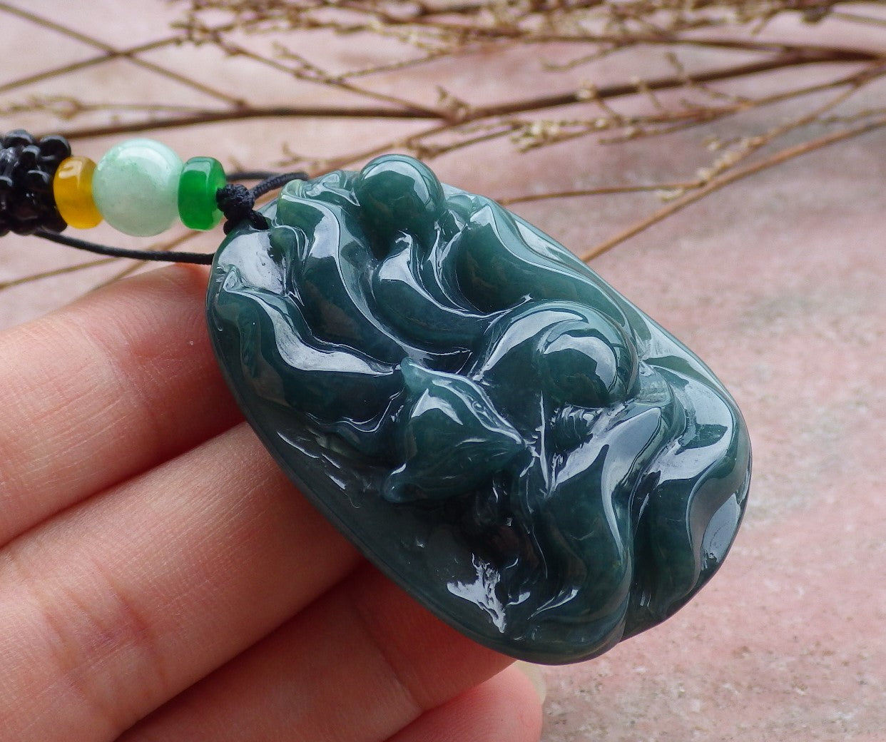 Certified Hand Carved Natural Guatemala Grade A Jade Jadeite 9 tail Fox Lotus Ruyi Pendant Necklace