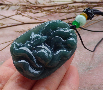 Certified Hand Carved Natural Guatemala Grade A Jade Jadeite 9 tail Fox Lotus Ruyi Pendant Necklace