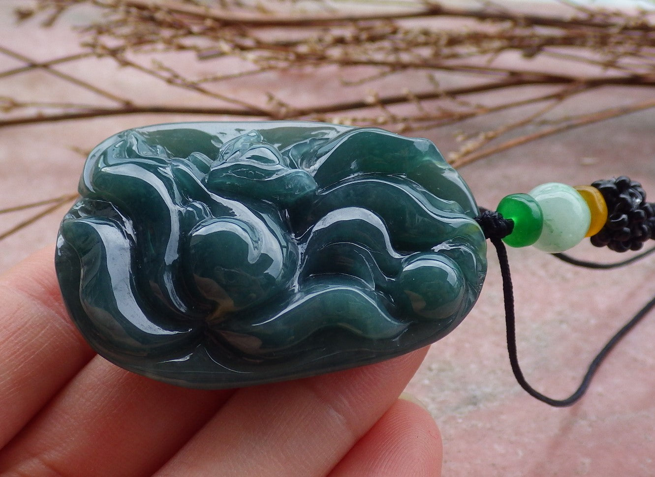 Certified Hand Carved Natural Guatemala Grade A Jade Jadeite 9 tail Fox Lotus Ruyi Pendant Necklace