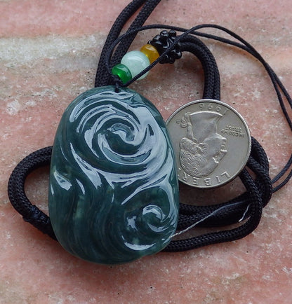 Certified Hand Carved Natural Guatemala Grade A Jade Jadeite 9 tail Fox Lotus Ruyi Pendant Necklace