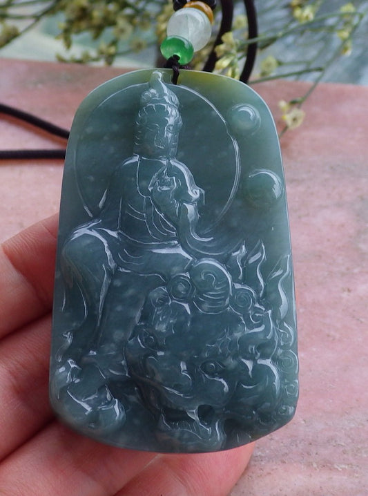 Certified Hand Carved Green Natural Burma A Jade Jadeite Dragon Guanyin Kwan Yin Buddha God Flower Lotus Pendant Necklace