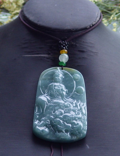 Certified Hand Carved Green Natural Burma A Jade Jadeite Dragon Guanyin Kwan Yin Buddha God Flower Lotus Pendant Necklace