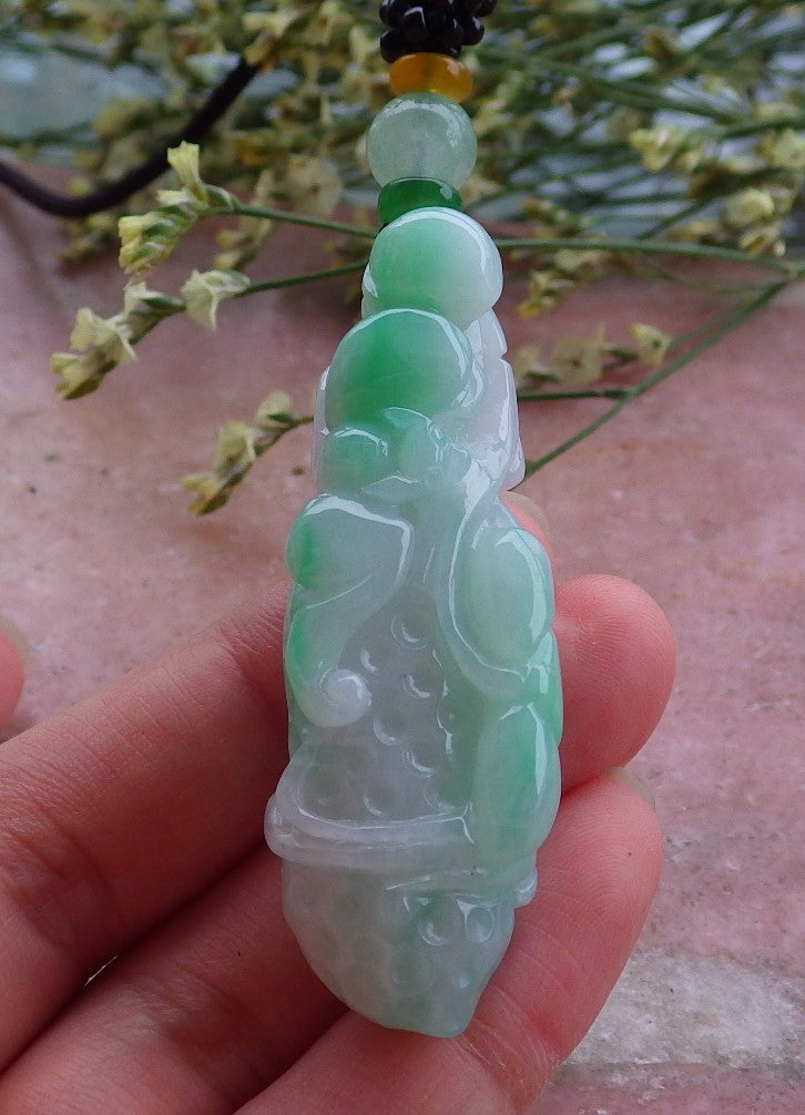 Certified Hand Carved Natural Myanmar Burma A Jade Jadeite Peanut Bat Lotus Ruyi Pendant Necklace