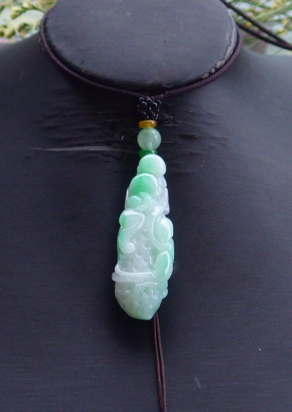 Certified Hand Carved Natural Myanmar Burma A Jade Jadeite Peanut Bat Lotus Ruyi Pendant Necklace