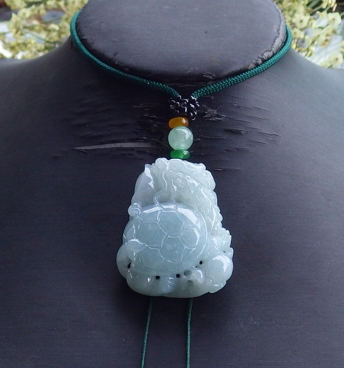 Certified Hand Carved Natural Myanmar Burma A Jade Jadeite Dragon Turtle Ruyi Pendant Necklace