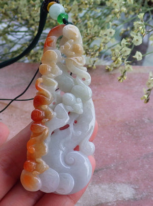 Certified Hand Carved Green Natural Myanmar Burma A Jade jadeite 5 Bat Coin Ruyi Pendant Necklace