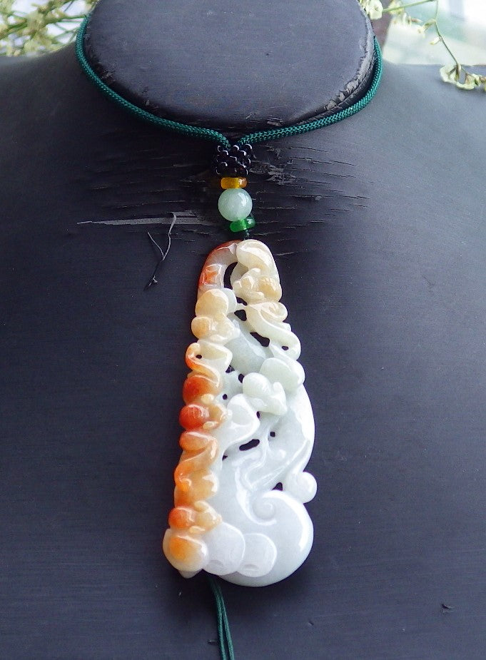 Certified Hand Carved Green Natural Myanmar Burma A Jade jadeite 5 Bat Coin Ruyi Pendant Necklace