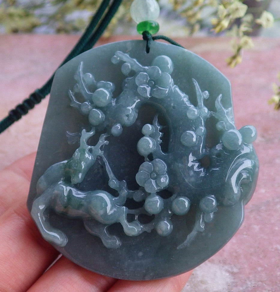 Certified Hand Carved Green Myanmar Burma Natural A Jade jadeite Deer Flower Pendant Necklace