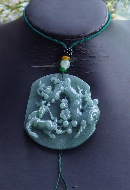 Certified Hand Carved Green Myanmar Burma Natural A Jade jadeite Deer Flower Pendant Necklace