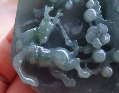 Certified Hand Carved Green Myanmar Burma Natural A Jade jadeite Deer Flower Pendant Necklace